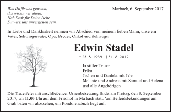 Traueranzeige von Edwin Stadel von Marbacher Zeitung