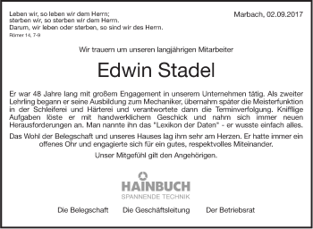 Traueranzeige von Edwin Stadel von Marbacher Zeitung