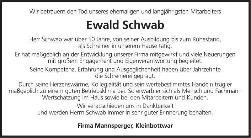  Traueranzeige für Ewald Schwab vom 05.09.2017 aus Marbacher Zeitung