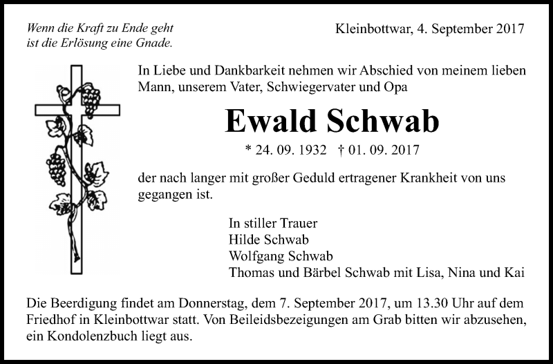  Traueranzeige für Ewald Schwab vom 04.09.2017 aus Marbacher Zeitung