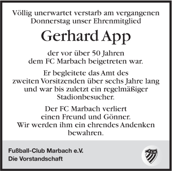 Traueranzeige von Gerhard App von Marbacher Zeitung