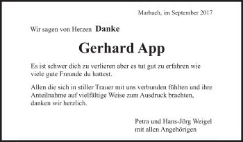 Traueranzeige von Gerhard App von Marbacher Zeitung