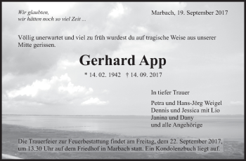 Traueranzeige von Gerhard App von Marbacher Zeitung