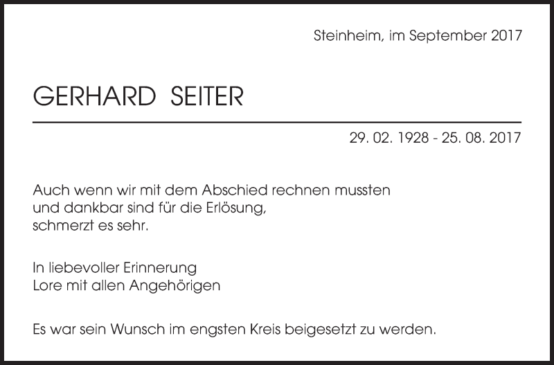  Traueranzeige für Gerhard Seiter vom 07.09.2017 aus Marbacher Zeitung