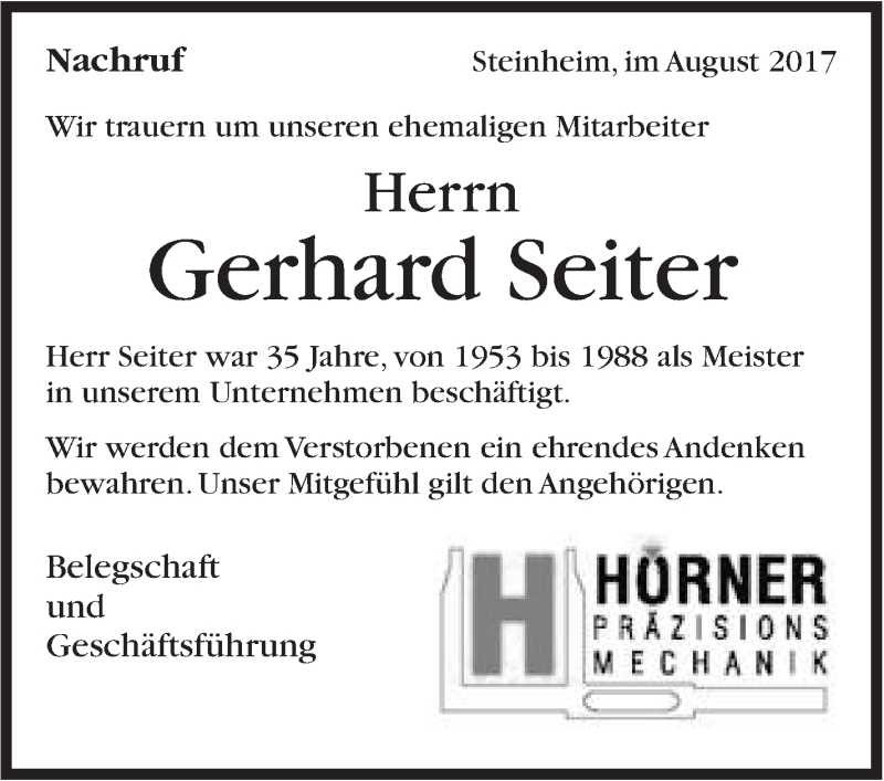  Traueranzeige für Gerhard Seiter vom 06.09.2017 aus Marbacher Zeitung