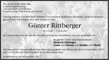 Traueranzeige von Günter Rittberger von Marbacher Zeitung