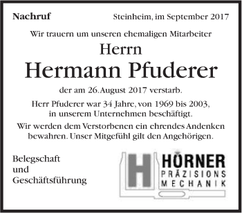 Traueranzeige von Hermann Pfuderer von Marbacher Zeitung