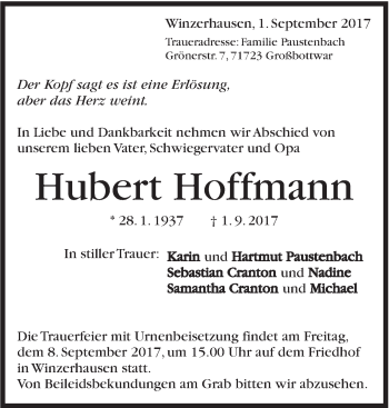 Traueranzeige von Hubert Hoffmann von Marbacher Zeitung