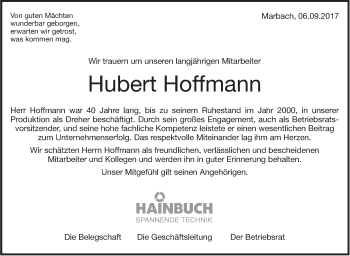 Traueranzeige von Hubert Hoffmann von Marbacher Zeitung