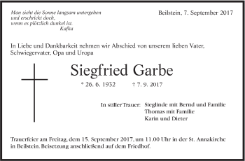 Traueranzeige von Siegfried Garbe von Marbacher Zeitung