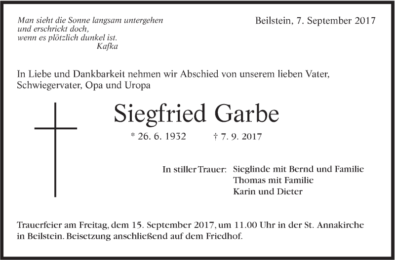  Traueranzeige für Siegfried Garbe vom 13.09.2017 aus Marbacher Zeitung