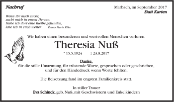 Traueranzeige von Theresia Nuß von Marbacher Zeitung