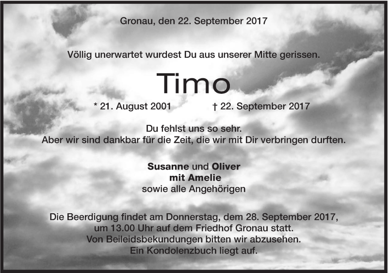  Traueranzeige für Timo  vom 26.09.2017 aus Marbacher Zeitung