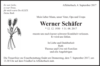 Traueranzeige von Werner Schäfer von Marbacher Zeitung