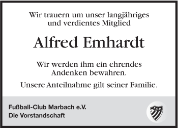 Traueranzeige von Alfred Emhardt von Marbacher Zeitung