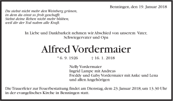 Traueranzeige von  Alfred Vordermaier von Marbacher Zeitung
