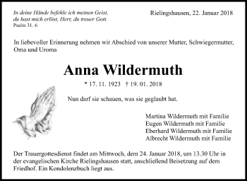 Traueranzeige von Anna Wildermuth von Marbacher Zeitung
