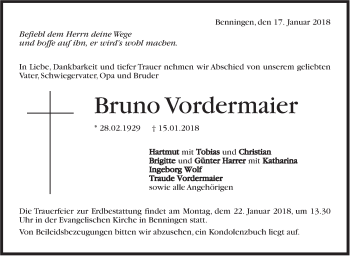 Traueranzeige von Bruno Vordermaier von Marbacher Zeitung