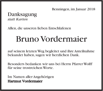 Traueranzeige von Bruno Vordermaier von Marbacher Zeitung
