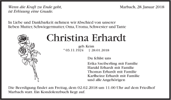 Traueranzeige von Christina Erhardt von Marbacher Zeitung