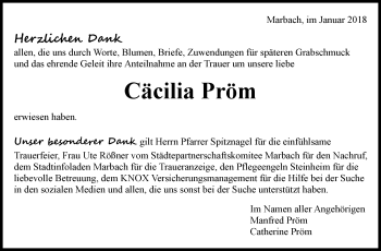 Traueranzeige von Cäcilia Pröm von Marbacher Zeitung