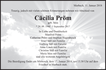 Traueranzeige von Cäcilia Pröm von Marbacher Zeitung