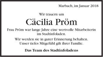 Traueranzeige von Cäcilia Pröm von Marbacher Zeitung