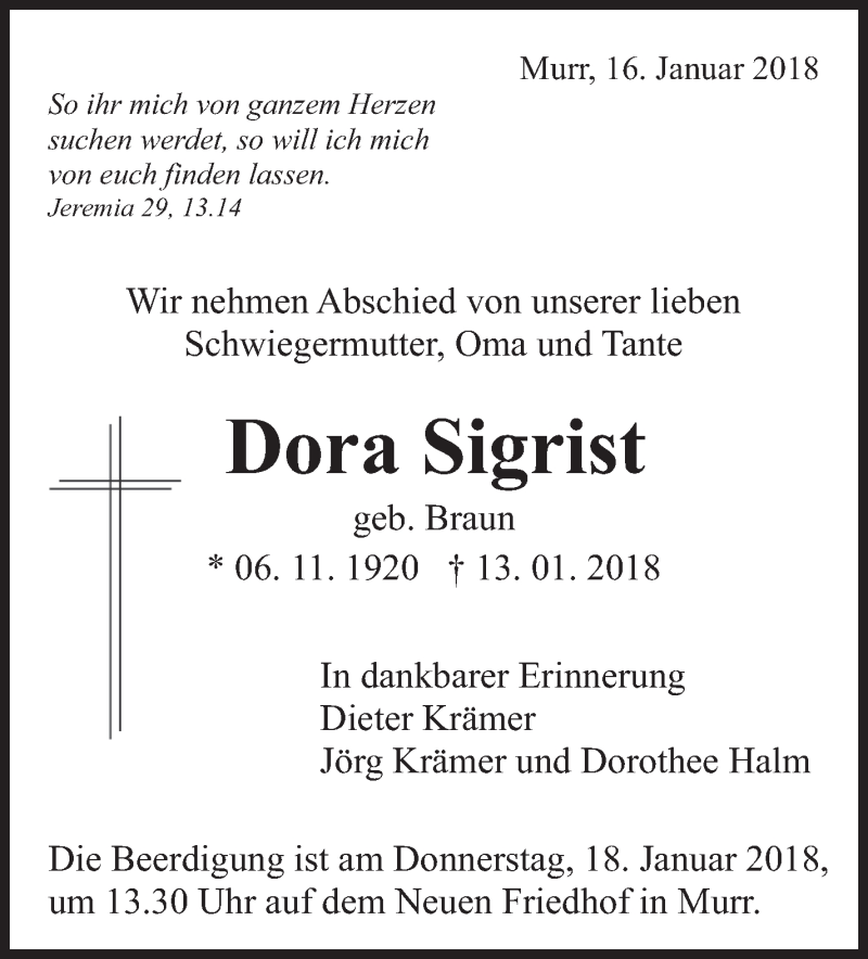  Traueranzeige für Dora Sigrist vom 16.01.2018 aus Marbacher Zeitung