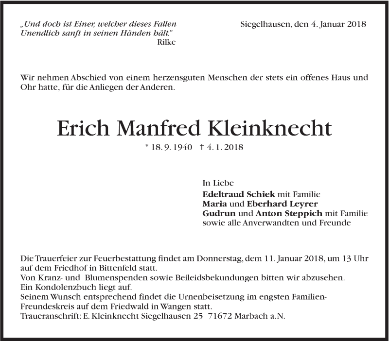  Traueranzeige für Erich Manfred Kleinknecht vom 08.01.2018 aus Marbacher Zeitung