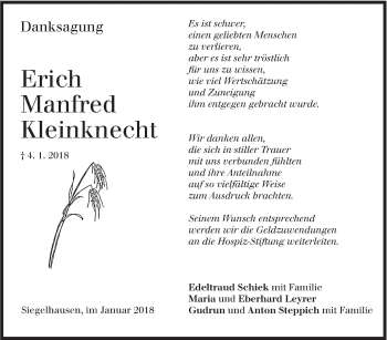 Traueranzeige von Erich Manfred Kleinknecht von Marbacher Zeitung