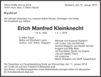 Traueranzeige von Erich Manfred Kleinknecht von Marbacher Zeitung