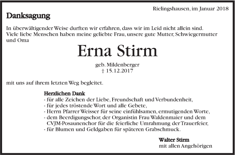  Traueranzeige für Erna Stirm vom 05.01.2018 aus Marbacher Zeitung