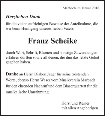 Traueranzeige von Franz Scheike von Marbacher Zeitung