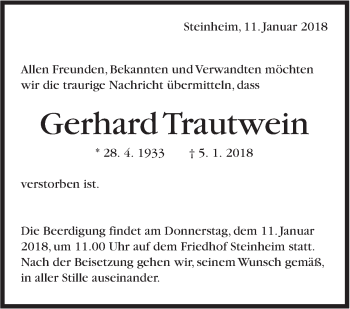 Traueranzeige von Gerhard Trautwein von Marbacher Zeitung