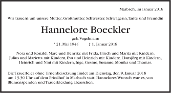 Traueranzeige von Hannelore Boeckler von Marbacher Zeitung