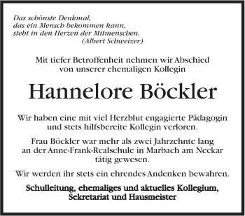 Traueranzeige von Hannelore Böckler von Marbacher Zeitung