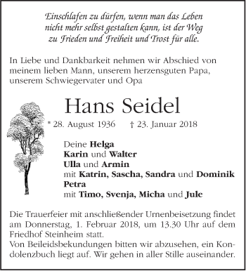 Traueranzeige von Hans Seidel von Marbacher Zeitung
