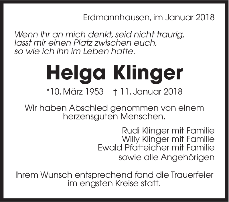  Traueranzeige für Helga Klinger vom 27.01.2018 aus Marbacher Zeitung