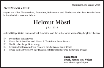 Traueranzeige von Helmut Möstl von Marbacher Zeitung