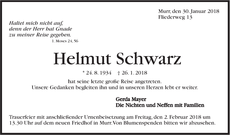 Traueranzeige für Helmut Schwarz vom 30.01.2018 aus Marbacher Zeitung