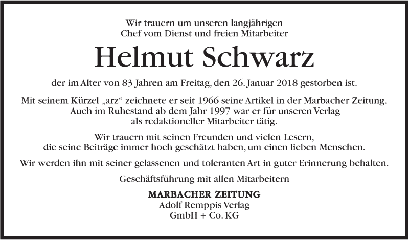  Traueranzeige für Helmut Schwarz vom 30.01.2018 aus Marbacher Zeitung