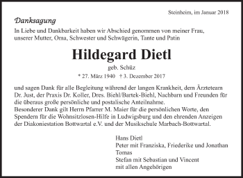 Traueranzeige von Hildegard Dietl von Marbacher Zeitung