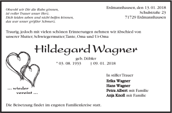 Traueranzeige von Hildegard Wagner von Marbacher Zeitung