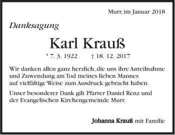 Traueranzeige von Karl Krauß von Marbacher Zeitung
