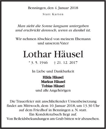 Traueranzeige von Lothar Häusel von Marbacher Zeitung