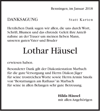 Traueranzeige von Lothar Häusel von Marbacher Zeitung