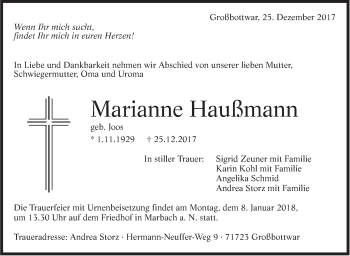 Traueranzeige von Marianne Haußmann von Marbacher Zeitung