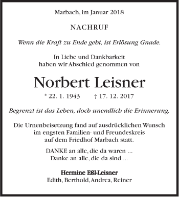 Traueranzeige von Norbert Leisner von Marbacher Zeitung