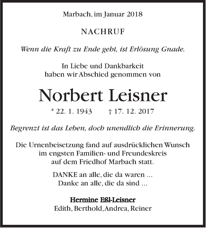  Traueranzeige für Norbert Leisner vom 11.01.2018 aus Marbacher Zeitung