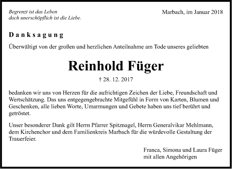  Traueranzeige für Reinhold Füger vom 17.01.2018 aus Marbacher Zeitung